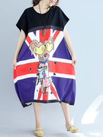 Casual Cartoon Pattern Loose Patchowrk Short Sleeve O-neck Women Dress