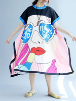 Casual Cartoon Pattern Patchwork Irregular Short Sleeve O-neck Women Dress