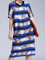 Casual Chiffon Loose Stripe Print Short Sleeve V-neck Women Dress