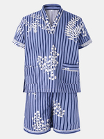 Casual Cotton Khan Steamed Sauna Stripes Printing Sleepwear Suits for Men