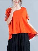Casual Embroidered Loose Irregular Short Sleeve O-neck Women T-shirt