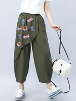 Casual Embroidered Patchwork Elastic Waist Pants For Women