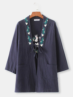 Casual Embroidery Long Sleeve Pockets Kimono For Women