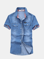 Casual Fashion Denim Double Chest Pockets Short Sleeve Slim Fit Dress Shirts for Men