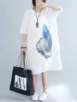 Casual Feather Print Loose Half Sleeve O-neck Women Dress