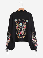 Casual Floral Embroidered Long Lantern Sleeve Women Sweaters