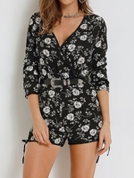 Casual Floral Print Cross Wrap 3/4 Sleeve V-neck Women Jumpsuit