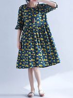 Casual Floral Print Loose Half Sleeve O-neck Dress For Women