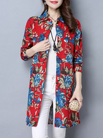 Casual Floral Print Pockets Long Sleeve Turn-Down Collar Blouses