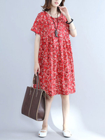 Casual Floral Printed Short Sleeve Knee-Length Dress For Women