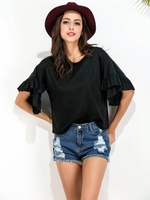 Casual Flouncing Pure Color Short Sleeve O-neck T-shirt For Women