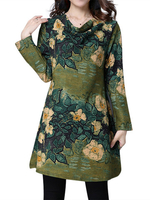 Casual Flower Printed Heap Collar Long Sleeve Mini Dress For Women