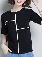 Casual Half Sleeves Striped O Neck Knitted Shirt For Women