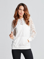 Casual Hooded Tie Up Lace Stitching Long Sleeve Sweatshirt For Women
