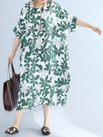 Casual Leaves Print Loose Half Sleeve O-neck Women Dresses