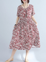 Casual Leaves Print Loose Short Sleeve Pockets O-neck Women Dress
