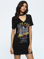 Casual Letter Print Short Sleeve Choker Women Mini Dresses