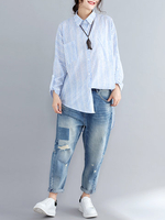 Casual Loose Blue Striped Women Shirts