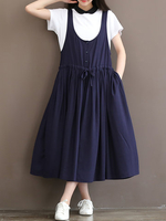 Casual Loose Button Elastic Waist Strap Pocket Dresses For Women