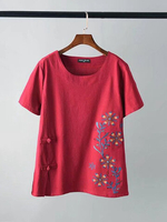 Casual Loose Floral Embroidery Short Sleeve Women T-Shirts