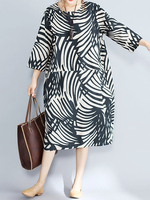 Casual Loose Geometric Print Pockets 3/4 Sleeve Dress For Women