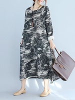 Casual Loose Ink Printed Long Sleeve Women Dresses