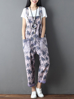 Casual Loose Maple Print Pockets Slip Button Jumpsuits For Women