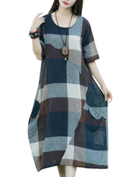 Casual Loose Patchwork Plaid O-Neck Short Sleeve Mid-Calf Women Dresses