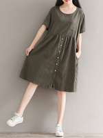 Casual Loose Pure Color Button Short Sleeve O-neck Women Dress