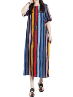 Casual Loose Short Sleeve Long Striped Maxi Dresses For Women