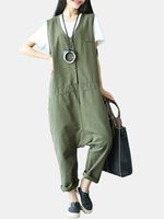 Casual Loose Solid Pockets Sleeveless V-Neck Harem Jumpsuits