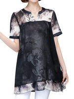 Casual Loose V Neck Ink Printed Chiffon Shirts For Women