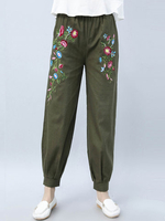 Casual Loose Vintage Embroidery Elastic Waist Women Harem Pa