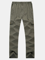 Casual Multi-Pocket Elastic Waist Cotton Pants Solid Color Plus Size Long Trousers For Men