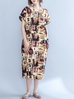 Casual Number Print Loose Short Sleeve V-neck Women Dress
