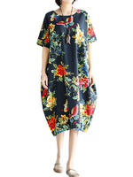 Casual O-neck Short Sleeves Pocket Floral Printed Dresses