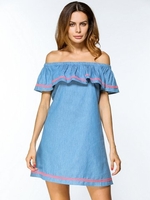 Casual Off-shoulder Flouncing Stripe Short Sleeve Women Mini Dress