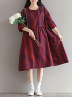 Casual Plaid Patchwork Button 3/4 Sleeve O-Neck Loose Dress