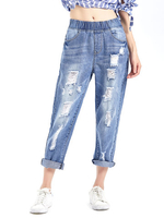 Casual Pockets Ripped Elastic Waist Ninth Harem Pants For Women