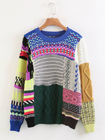 Casual Print Patchwork Long Sleeve O-neck Women Sweaters