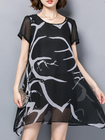 Casual Printed O-Neck Short Sleeve Side Split Chiffon Dress For Women
