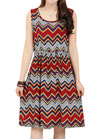 Casual Printed Sleeveless O-Neck Elastic Waist Dress For Women