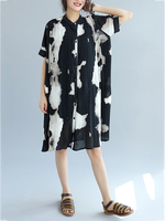 Casual Printed Stand Collar Button Ruffles Chiffon Dress For Women