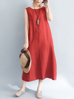 Casual Pure Color O-Neck Sleeveless Pockets Women Dress