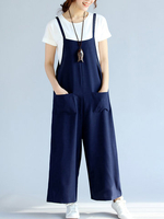 Casual Pure Color Strap Pocket Women Jumpsuits