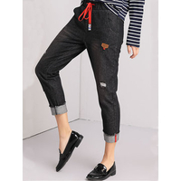 Casual Ripped Drawstring Ninth Denim Pants For Women