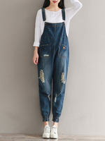 Casual Ripped Embroidery Pockets Denim Jumpsuits For Women