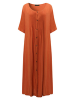 Casual Round Neck Pleated Button Short Sleeve Dress For Women