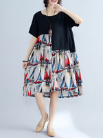 Casual Sailboat Pattern Patchwork Short Sleeve O-neck Women Dress