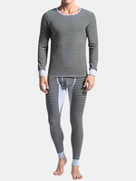 Casual Soft Breathable Stripes Printing Warm Close Fitting Pajamas Sets for Men